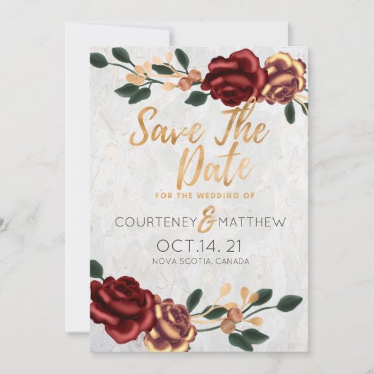 Invitation Enregistrer la date - Elegant Gold et Red Roses (Devant)