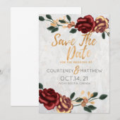 Invitation Enregistrer la date - Elegant Gold et Red Roses (Devant / Derrière)