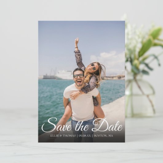 Invitation Enregistrer la date Elegant Script Photo Simple (Debout devant)