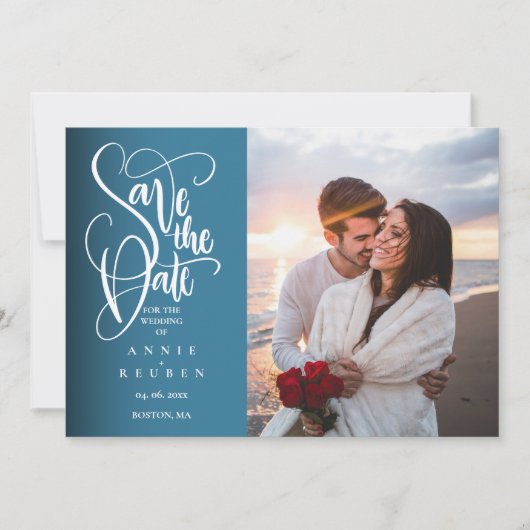 Invitation Enregistrer la date Elegant White Script photo mod (Devant)