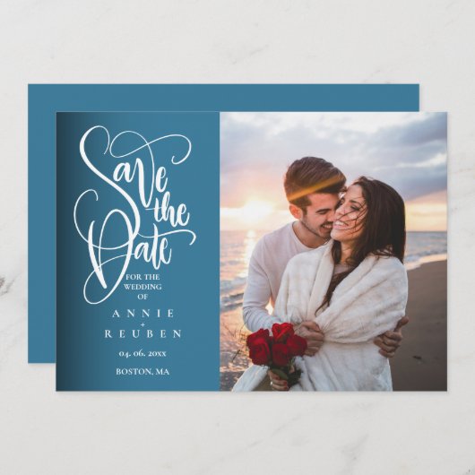 Invitation Enregistrer la date Elegant White Script photo mod (Devant / Derrière)