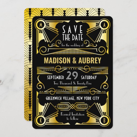 Invitation Enregistrer la date Gatsby Mariage Art Déco Gold N (Devant / Derrière)
