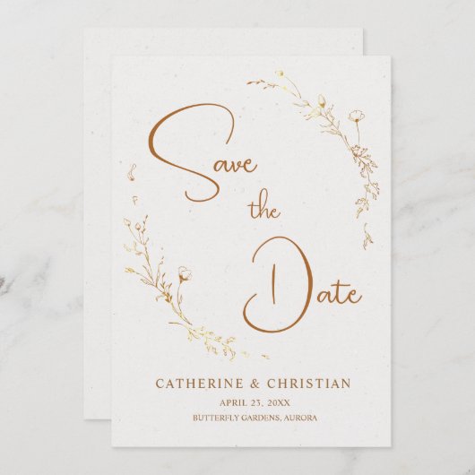 Invitation Enregistrer la date Golden Outline Flower (Devant / Derrière)