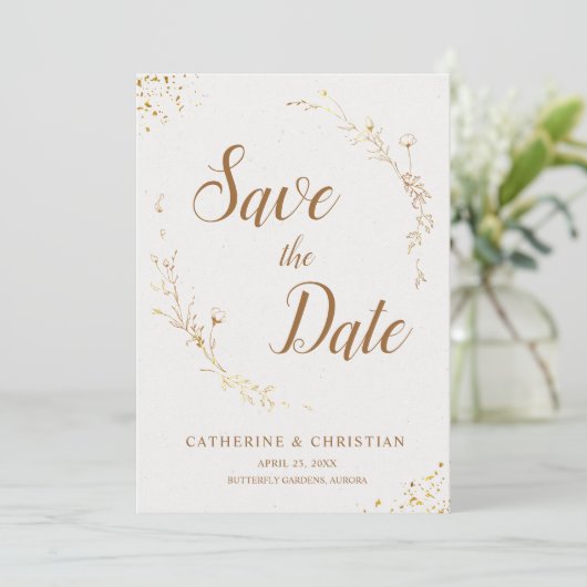 Invitation Enregistrer la date Golden Outline Flower (Debout devant)