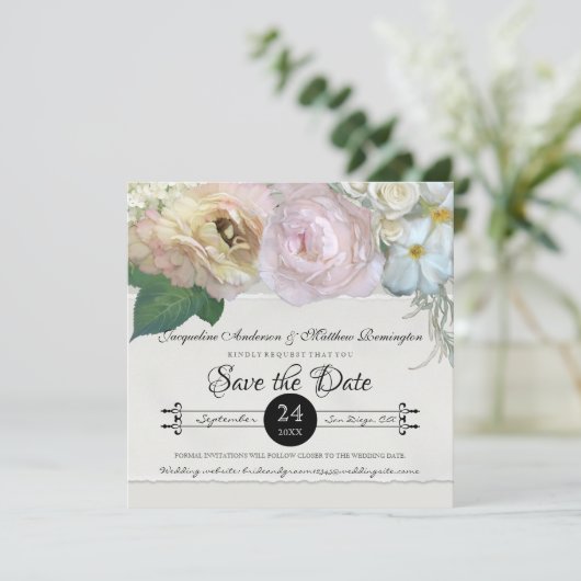 Invitation Enregistrer la date Gris Ombre Flowers Peony Roses (Debout devant)