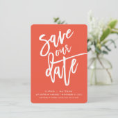 Invitation ENREGISTRER LA DATE manuscrite script orange blanc (Debout devant)