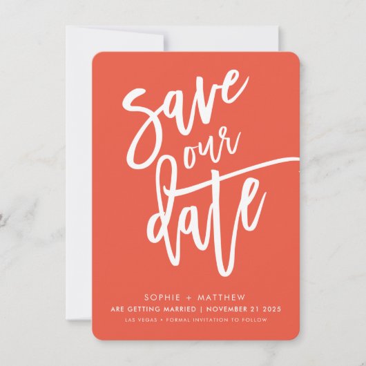 Invitation ENREGISTRER LA DATE manuscrite script orange blanc (Devant)