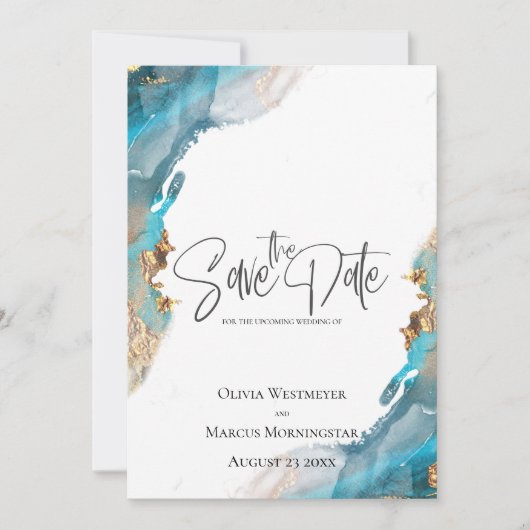 Invitation Enregistrer la date Marbled Encre Turquoise et Or (Devant)
