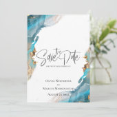 Invitation Enregistrer la date Marbled Encre Turquoise et Or (Debout devant)