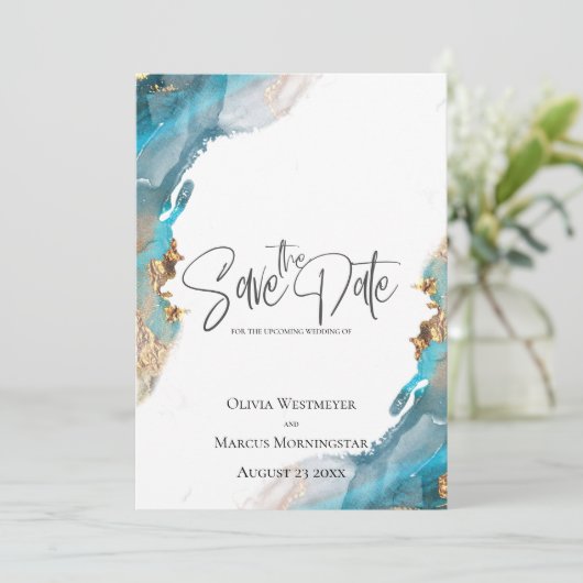 Invitation Enregistrer la date Marbled Encre Turquoise et Or (Debout devant)