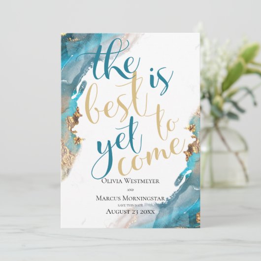 Invitation Enregistrer la date Marbled Encre Turquoise et Or (Debout devant)