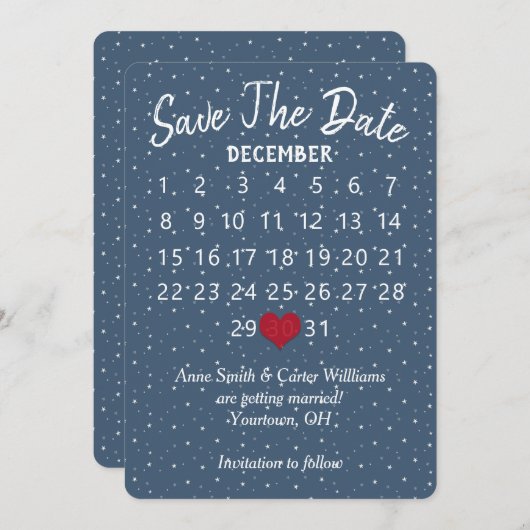 Invitation Enregistrer la date Mariage Calendrier Star Snowfl (Devant / Derrière)