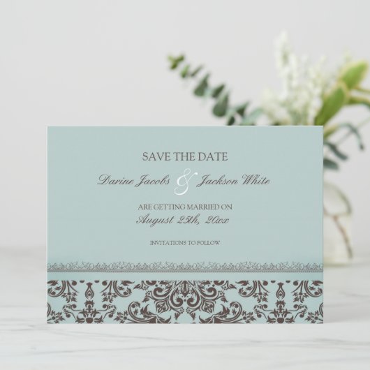 Invitation Enregistrer la date Mariage Damask Flat Card (Debout devant)