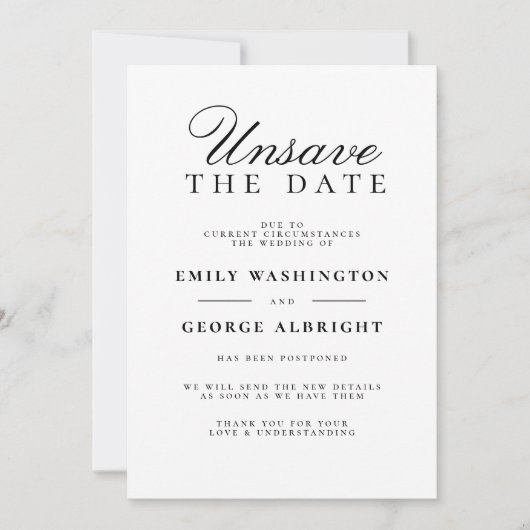 Invitation Enregistrer la date Mariage élégant reporté (Devant)