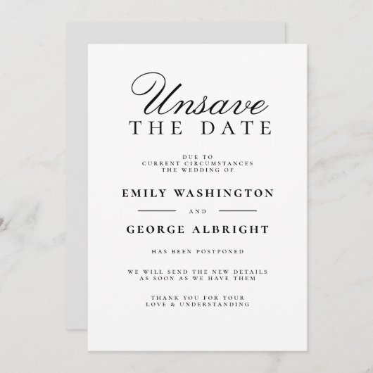 Invitation Enregistrer la date Mariage élégant reporté (Devant / Derrière)