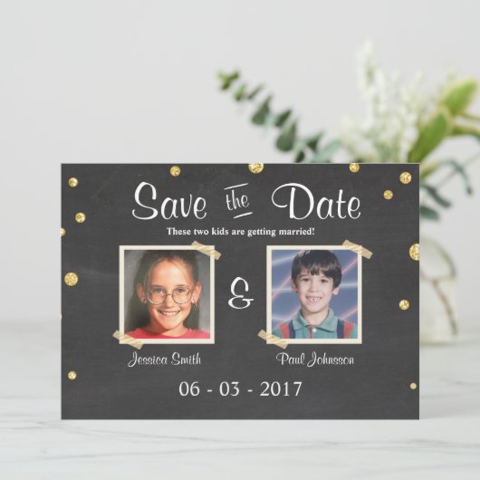Invitation Enregistrer la date Mariage Rustic Chalkboard Gold (Debout devant)