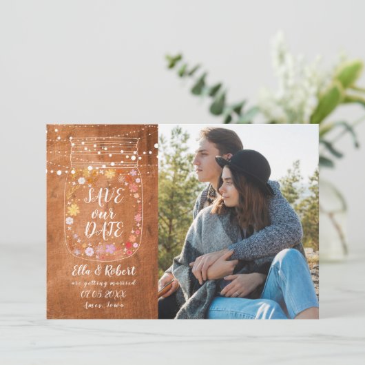 Invitation Enregistrer la date Mason Jar String Lights Rustic (Debout devant)