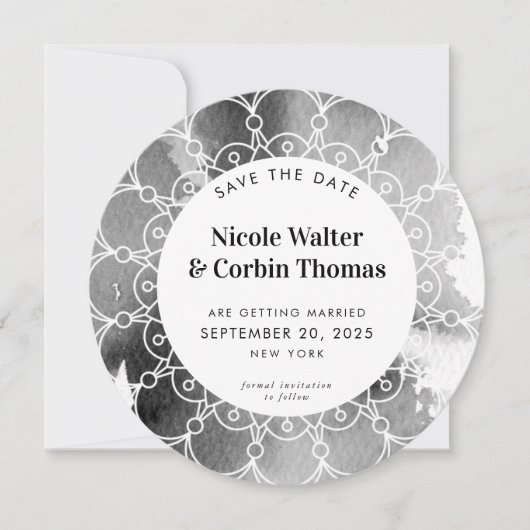 Invitation ENREGISTRER LA DATE moderne boho mandala gris aqua (Devant)