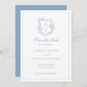 Invitation Enregistrer La Date Monogram Crest Dusty Blue Card (Devant / Derrière)