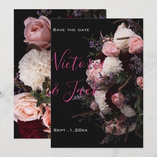 Invitation enregistrer la date moody floral, bordeaux blanc f (Devant / Derrière)