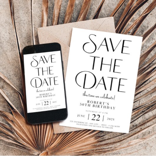 Invitation Enregistrer la date Noir et Blanc 50 Anniversaire