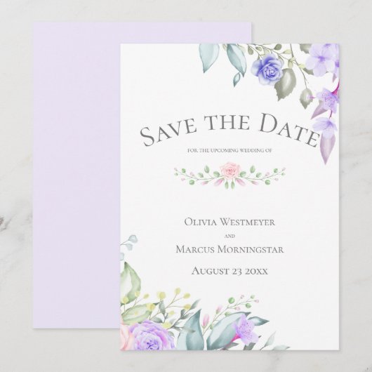 Invitation Enregistrer la date Pale Lilac et Rose Flowers (Devant / Derrière)