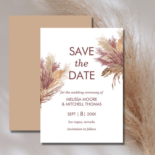 Invitation Enregistrer la date pampas élégance boho mauve ros