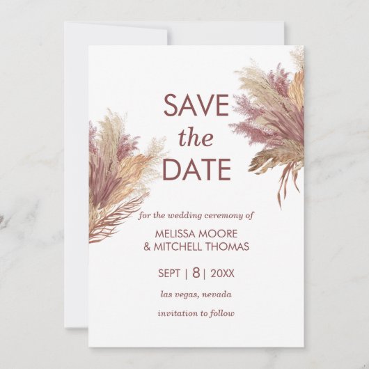Invitation Enregistrer la date pampas élégance boho mauve ros (Devant)