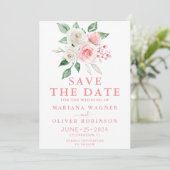 Invitation Enregistrer la date Peach rose blanc Aquarelle flo (Debout devant)