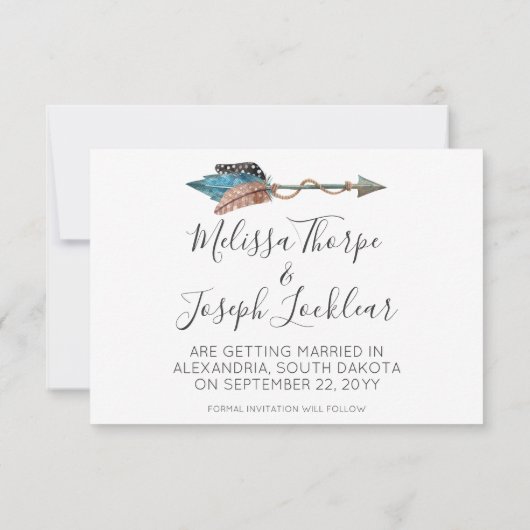 Invitation Enregistrer La Date Plumes Turquoise Rustique Flèc (Dos)