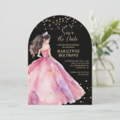 Invitation Enregistrer la date Rose Gold Princesse Quinceañer (Debout devant)