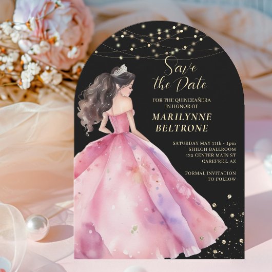 Invitation Enregistrer la date Rose Gold Princesse Quinceañer