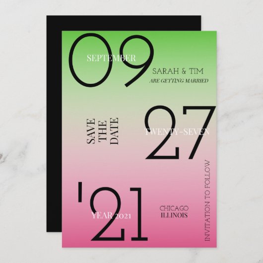 Invitation Enregistrer La Date - Rose & Vert Ombre (Devant / Derrière)