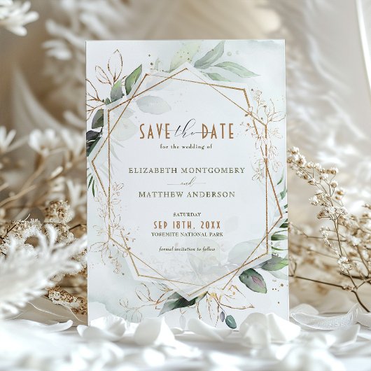 Invitation Enregistrer La Date Rustic Green & Gold Mariage
