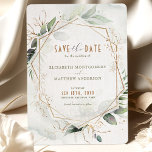 Invitation Enregistrer La Date Rustic Green & Gold Mariage<br><div class="desc">Cette carte de sauvegarde sur Zazzle est la meilleure façon d'annoncer votre prochain mariage à vos invités. Le design est de style fantaisiste et bohème, avec un cadre en faux or, des botaniques vert sauge et des lobs en faux or. La carte est imprimée sur un stock de carte de...</div>