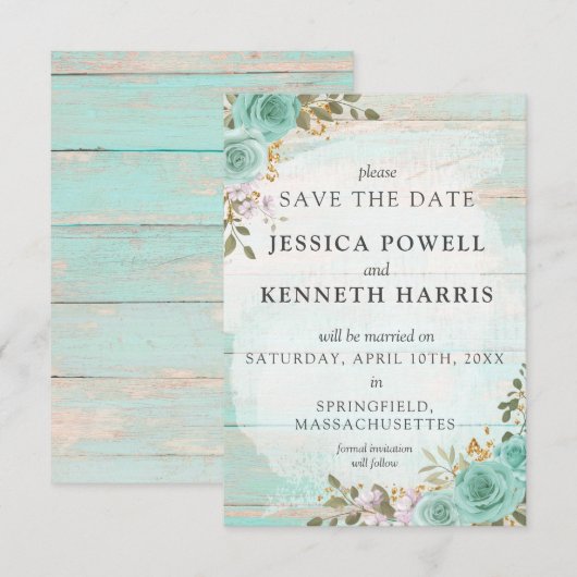Invitation Enregistrer La Date Rustique Turquoise Floral Cart (Devant / Derrière)