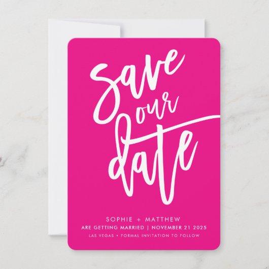 Invitation ENREGISTRER LA DATE script manuel fuschia blanc (Devant)