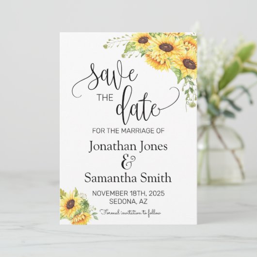 Invitation Enregistrer la date Sunflower Floral Boho Chic Mar (Debout devant)