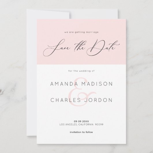 Invitation Enregistrer la date typographie moderne rose et bl (Devant)