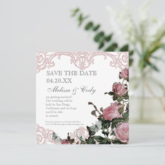 Invitation Enregistrer l'annonce de date - Trellis Rose Vinta (Debout devant)