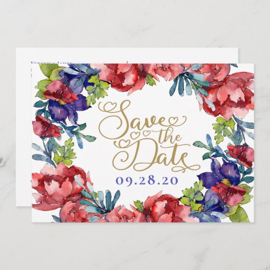 Invitation Enregistrer Le Mariage Date | Bonheur Floral & Scr (Devant / Derrière)