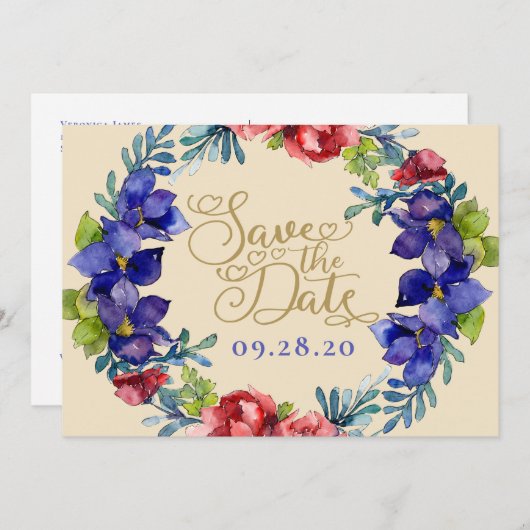Invitation Enregistrer Le Mariage Date | Bonheur Floral & Scr (Devant / Derrière)