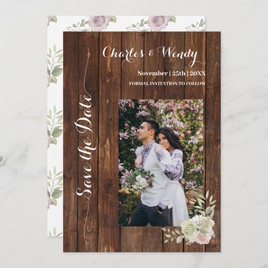 Invitation Enregistrer le pays de date Roses violets (Devant / Derrière)