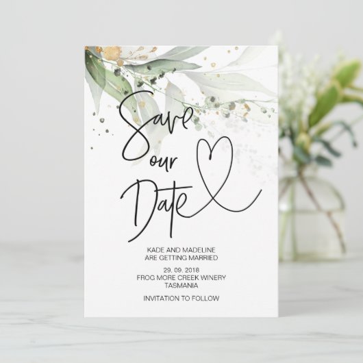 Invitation Enregistrer notre date Elegant Mariage Eucalyptus  (Debout devant)