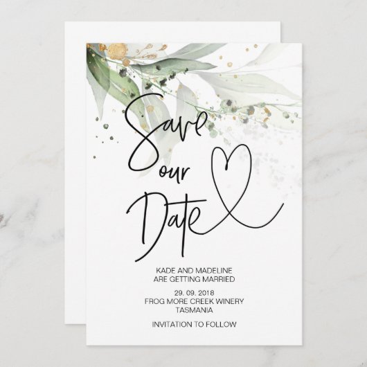 Invitation Enregistrer notre date Elegant Mariage Eucalyptus  (Devant / Derrière)