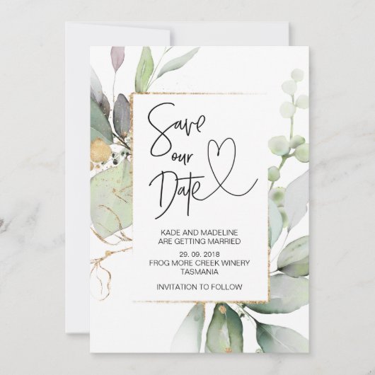 Invitation Enregistrer notre date Gold Eucalyptus Mariage Fia (Devant)