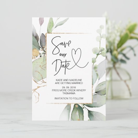 Invitation Enregistrer notre date Gold Eucalyptus Mariage Fia (Debout devant)