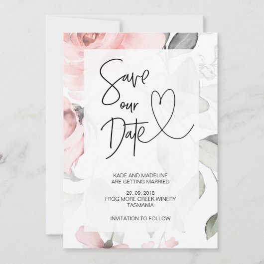 Invitation Enregistrer Notre Date Joli Rose Floral Mariage Él (Devant)