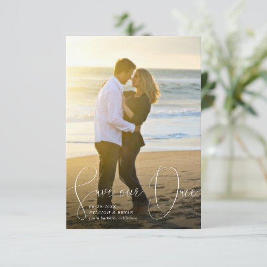 Invitation Enregistrer Notre Date Lignes Raffinées Lisse Styl (Debout devant)