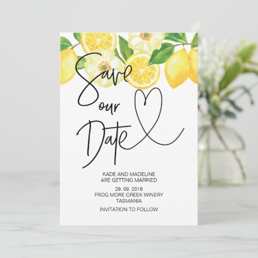 Invitation Enregistrer notre date Mariage Citron d'été (Debout devant)